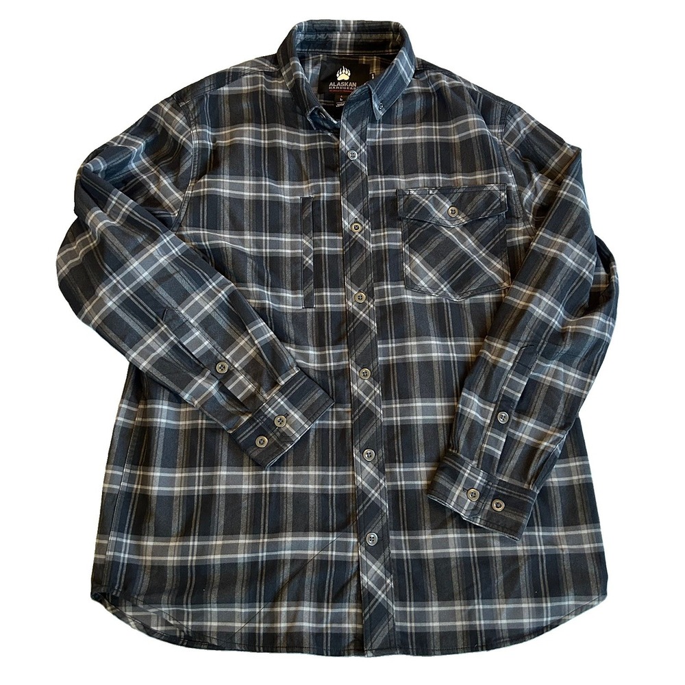 Duluth Trading Alaskan Hardgear Men's Plaid Flannel Black Gray Buttondown Large